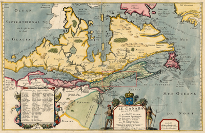Map of Canada published by French mapmaker Pierre Du Val in 1677 based on an earlier map by Champlain.