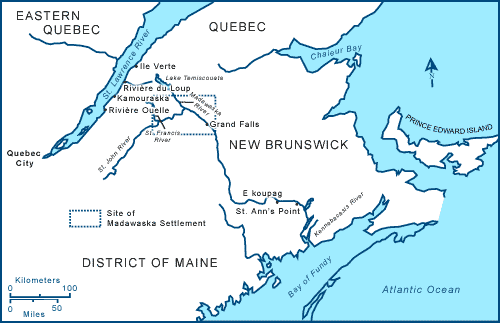 Map showing the "Madawaska Settlement" region and the areas in what is present-day Quebec and New Brunswick from which the first settlers immigrated.