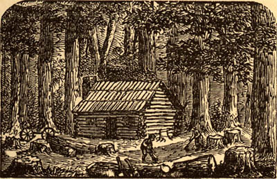 Etching of a pioneer homestead in New Sweden, Maine.