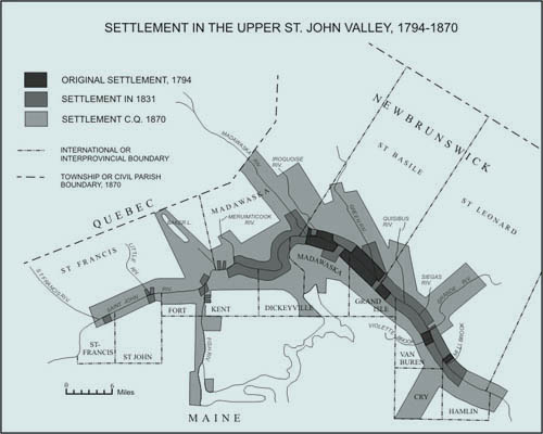 Map illustrating the spread of settlement in the Upper St. John Valley between 1794 and 1870.