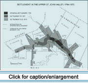 Map illustrating the spread of settlement in the Upper St. John Valley between 1794 and 1870.